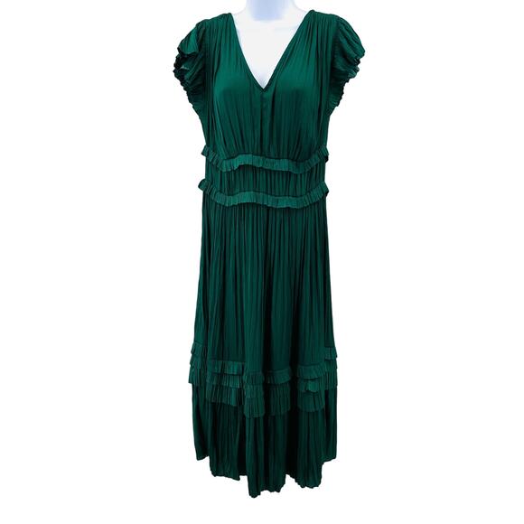 Current Air by Anthropologie Green Sereia Pleated Midi Dress Womens Small V Neck - Picture 5 of 13